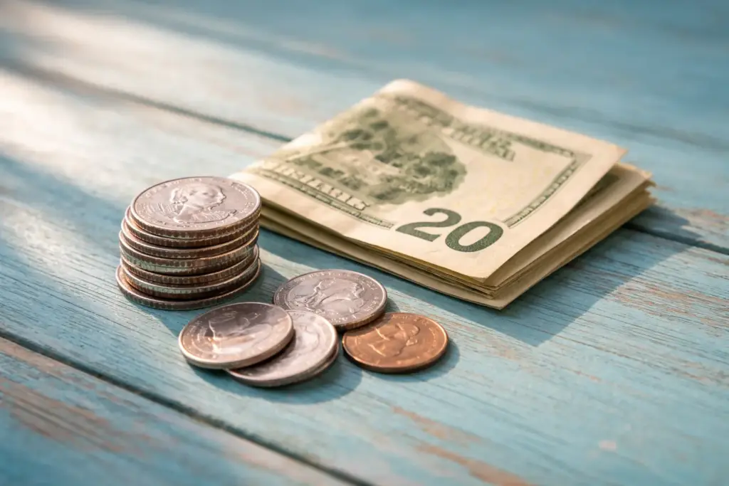 A collection of US quarters and a twenty-dollar bill lying on a bright turquoise surface, reflecting island colors.