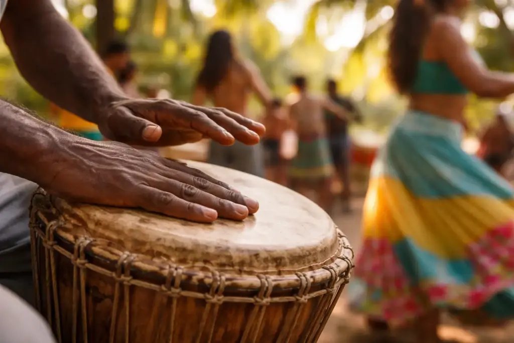 Local performers playing traditional drums during an outdoor festival in Vieques