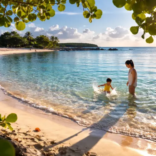 A young girl and her father exploring a tropical beach with turquoise water in Vieques