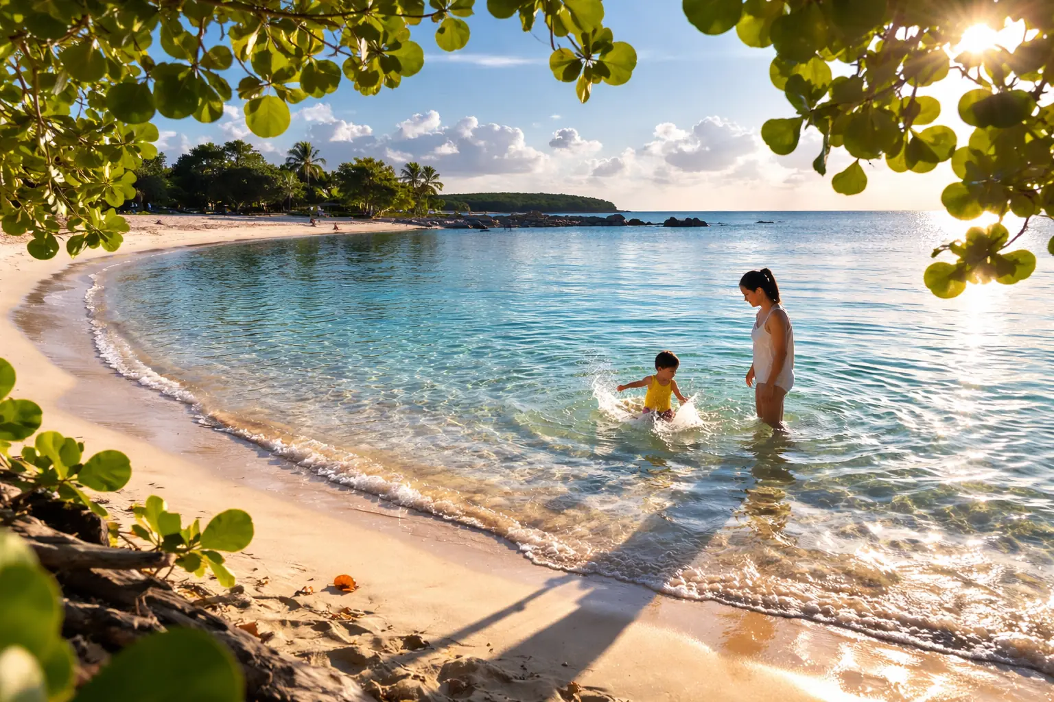 A young girl and her father exploring a tropical beach with turquoise water in Vieques
