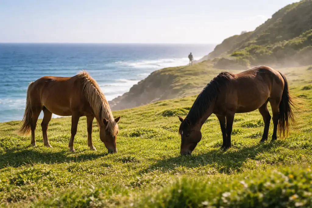 Two wild horses standing on a grassy hill overlooking the Caribbean sea in Vieques