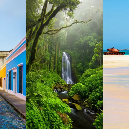 Panoramic view of Puerto Rico showcasing historic Old San Juan colorful buildings, El Yunque rainforest waterfalls, and turquoise Flamenco Beach