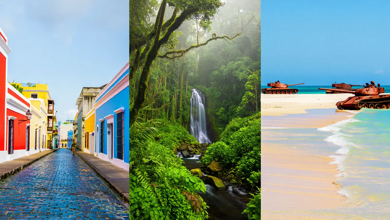 Panoramic view of Puerto Rico showcasing historic Old San Juan colorful buildings, El Yunque rainforest waterfalls, and turquoise Flamenco Beach