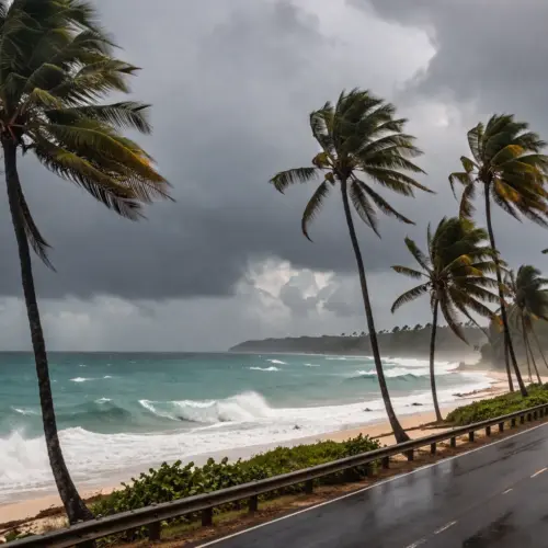 A wide shot of a coastal road in Puerto Rico under a dramatic gray sky with palm trees leaning in the wind.
