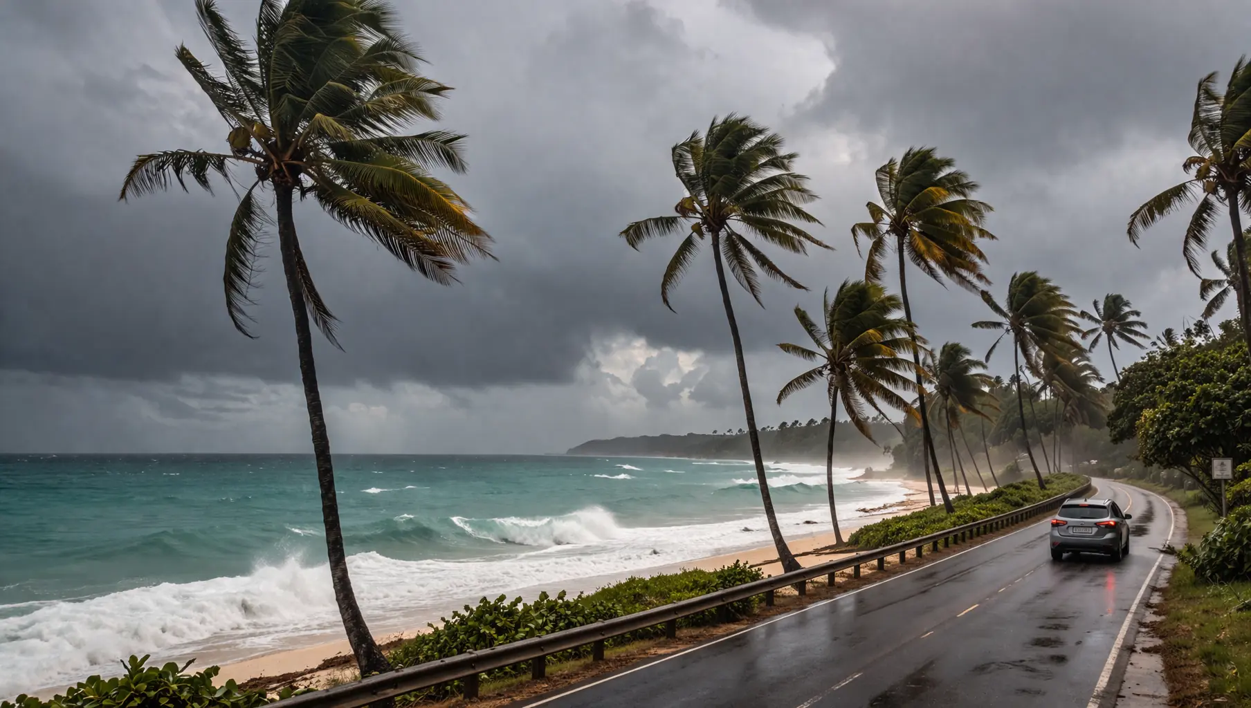 A wide shot of a coastal road in Puerto Rico under a dramatic gray sky with palm trees leaning in the wind.